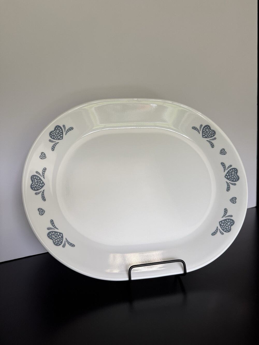 Vintage Corelle Country Cottage Blue Hearts Oval Serving Platter 10 x 12.25”